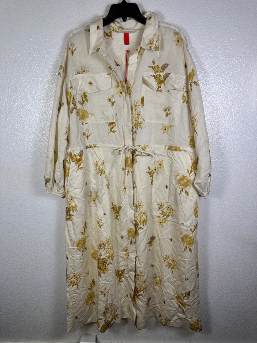 Woolrich Women's Ivory Yellow Floral Collared Midi Shirt Dress Long Sleeve L